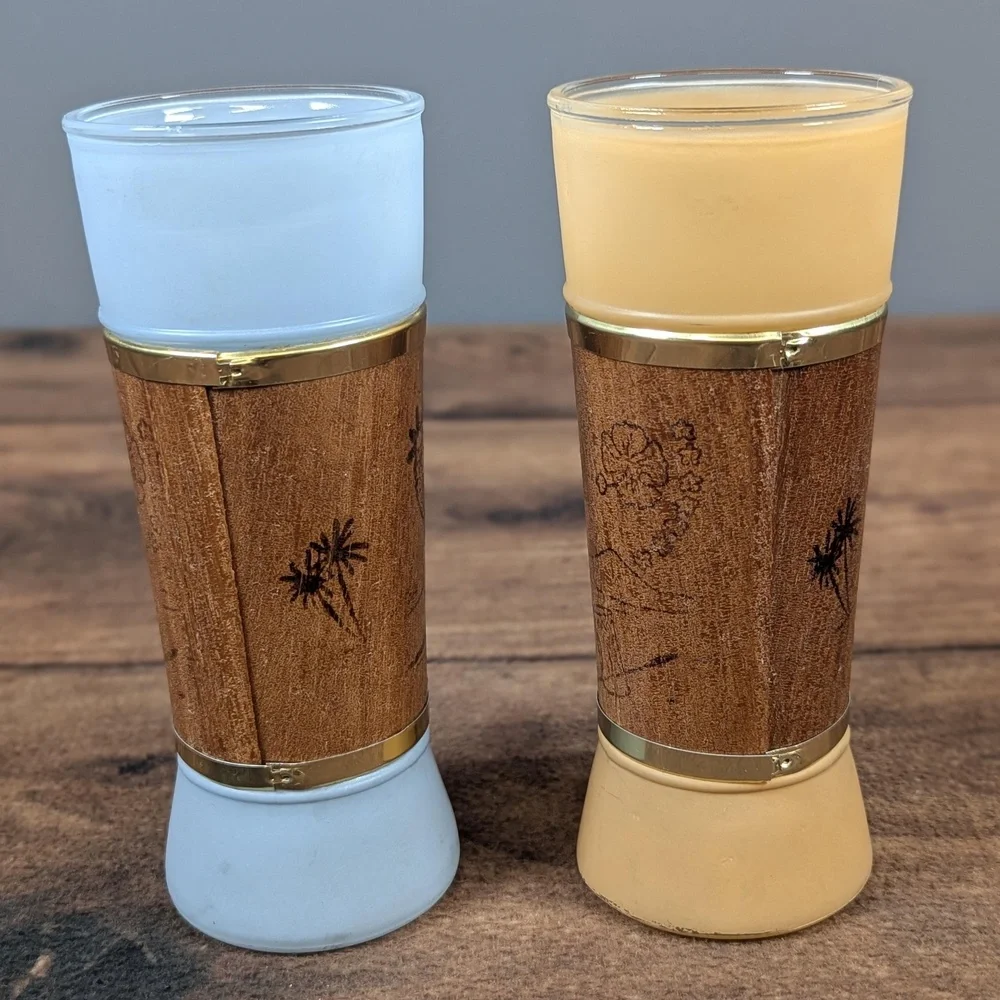 MCM Siesta Ware Drinking Glasses Set Of Four Frosted Glass Wood Accent Gold Trim
